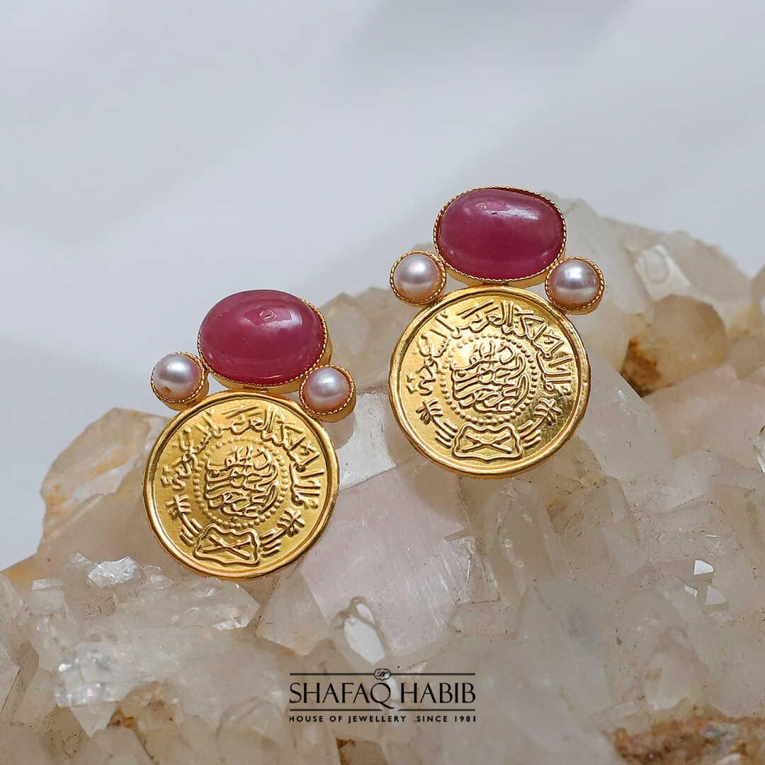 Stud Earrings in gold with ruby lite best prices in Pakistan - Shafaq Habib Collection