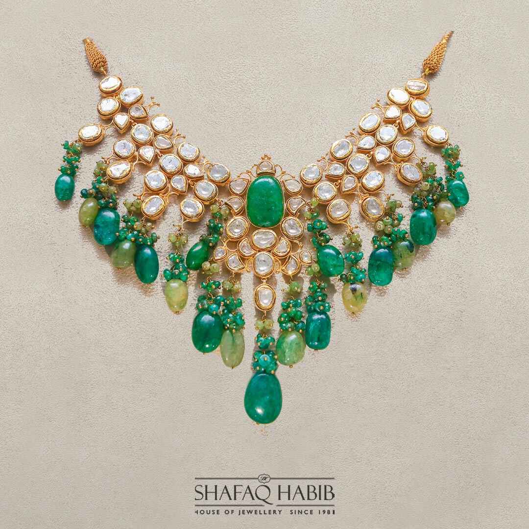 Bridal jewelry Gold necklace for women with diamond Polki and emerald by shafaq Habib