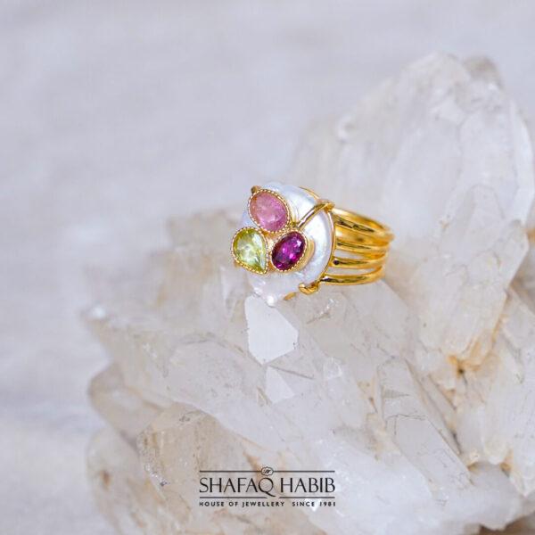 silver ring with pink tourmaline and pearl by shafaq habib