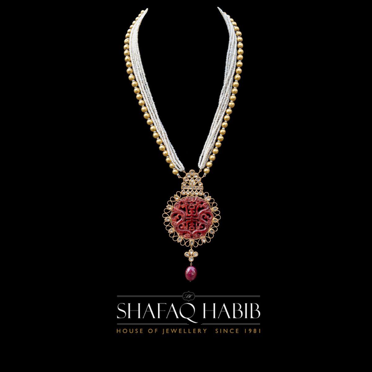 Gold Necklace with red carved jade and Diamond Polki by Shafaq Habib