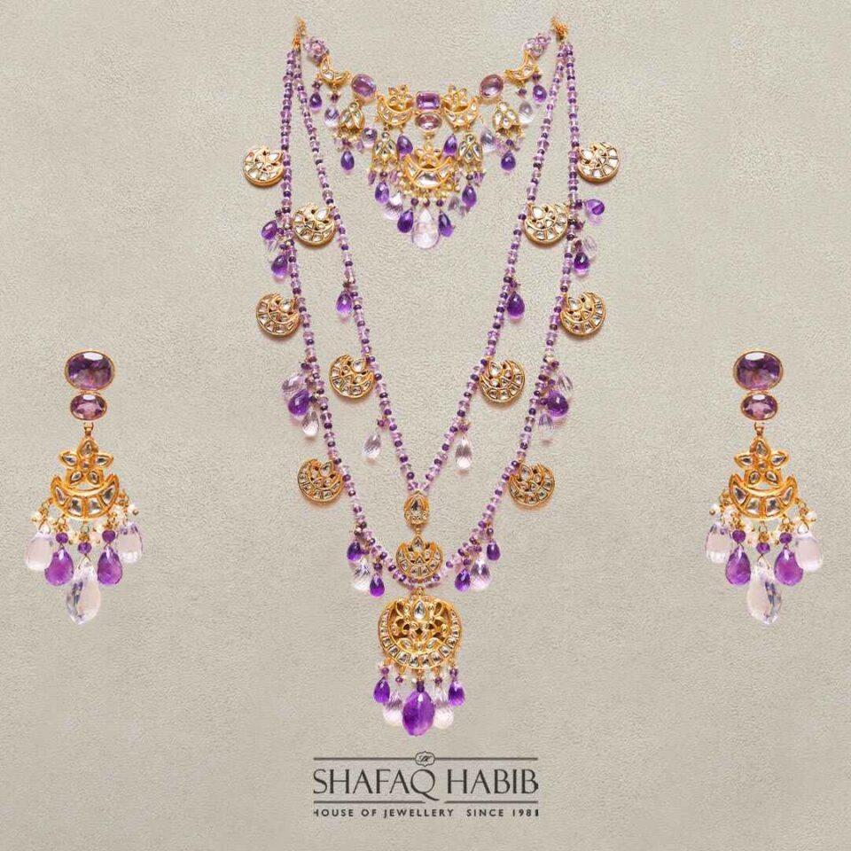Elevate your bridal look with the exquisite Amethyst and Kundan Gold Bridal Jewelry Set the .best online prices in Pakistan