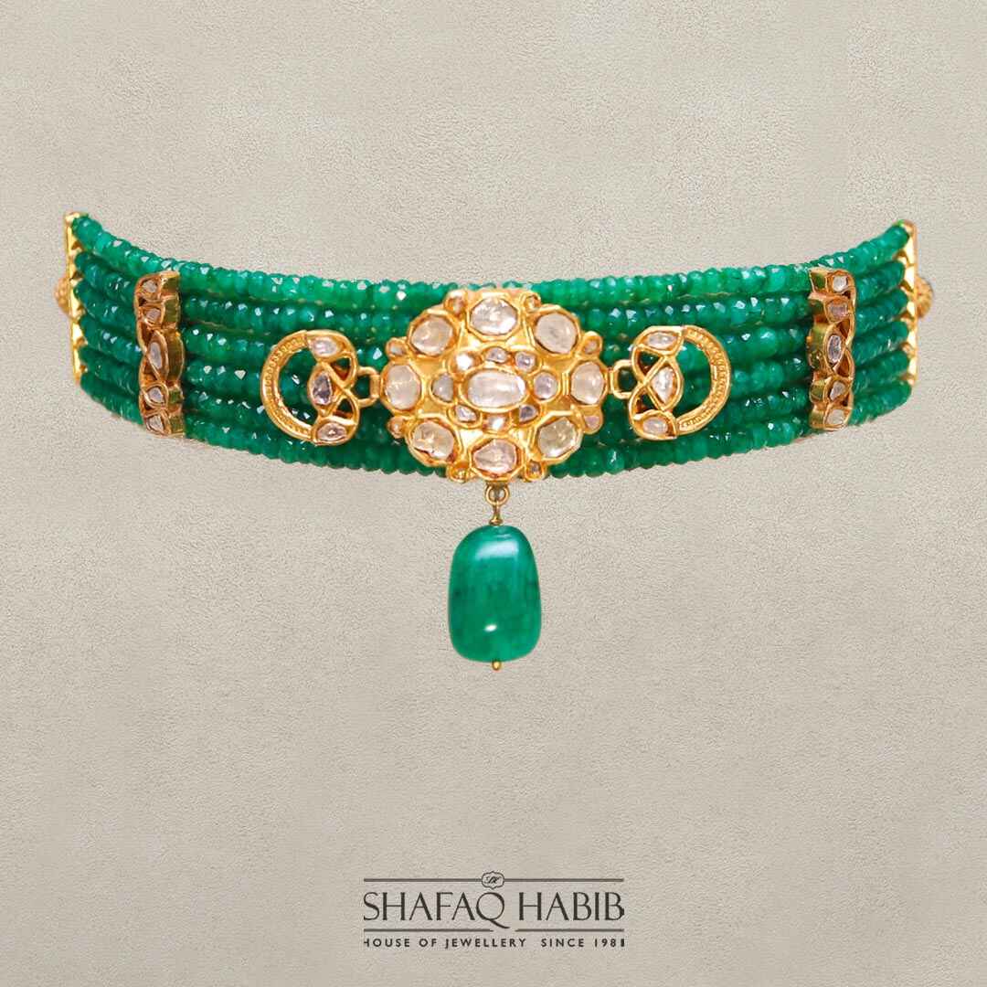 ewelry Gold Necklace Choker with emerald stone by Shafaq habib
