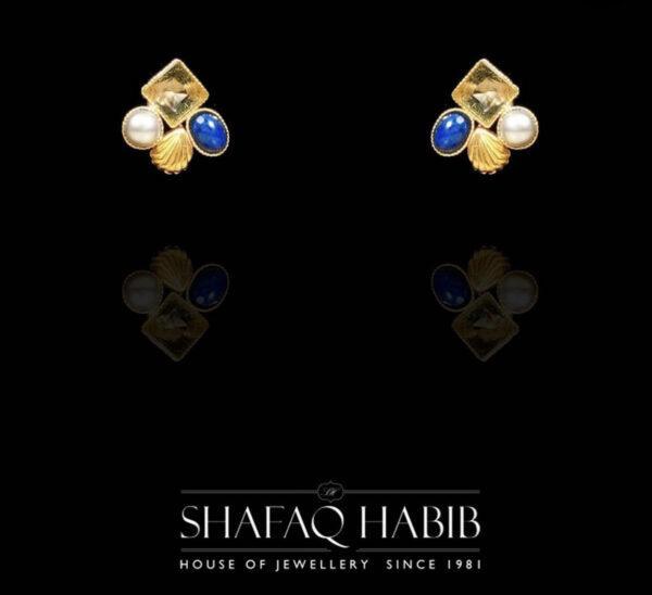 jewelry gold earring blue lapis and pearl by shafaq Habib