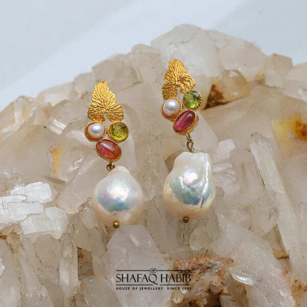 white pearls earring with pink tourmaline in gold online at the best prices in Pakistan - Shafaq Habib Collection