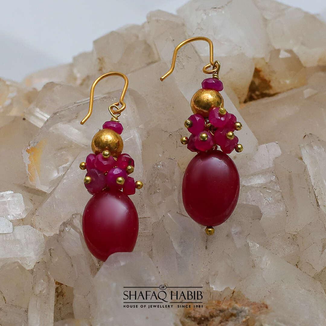 Red ruby with cluster gold hoop earring shafaq habib collection