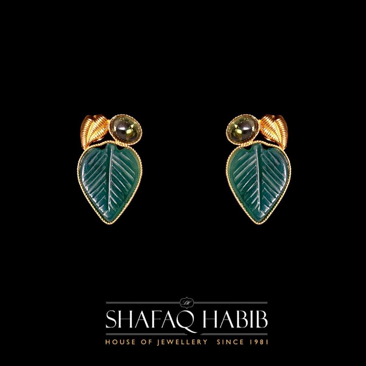 gold earrings leaf style green agate by Shafaq Habib