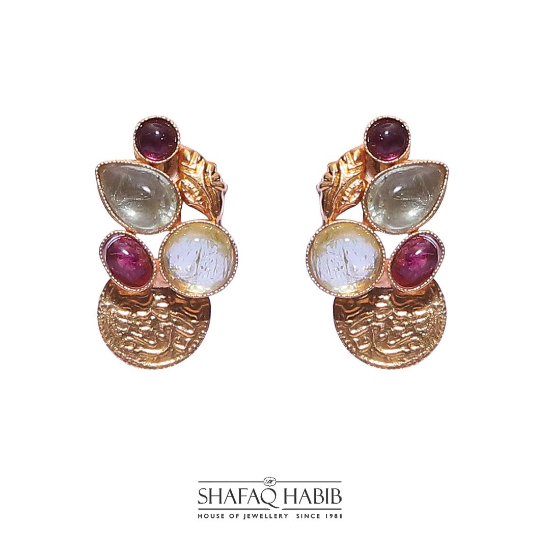 Gold earrings with pink & tourmaline stone by shafaq Habib