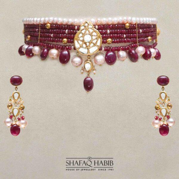 Bridal jewelry set in Gold with pink ruby stone and pearls by shafaq habib at the best online prices in pakistan