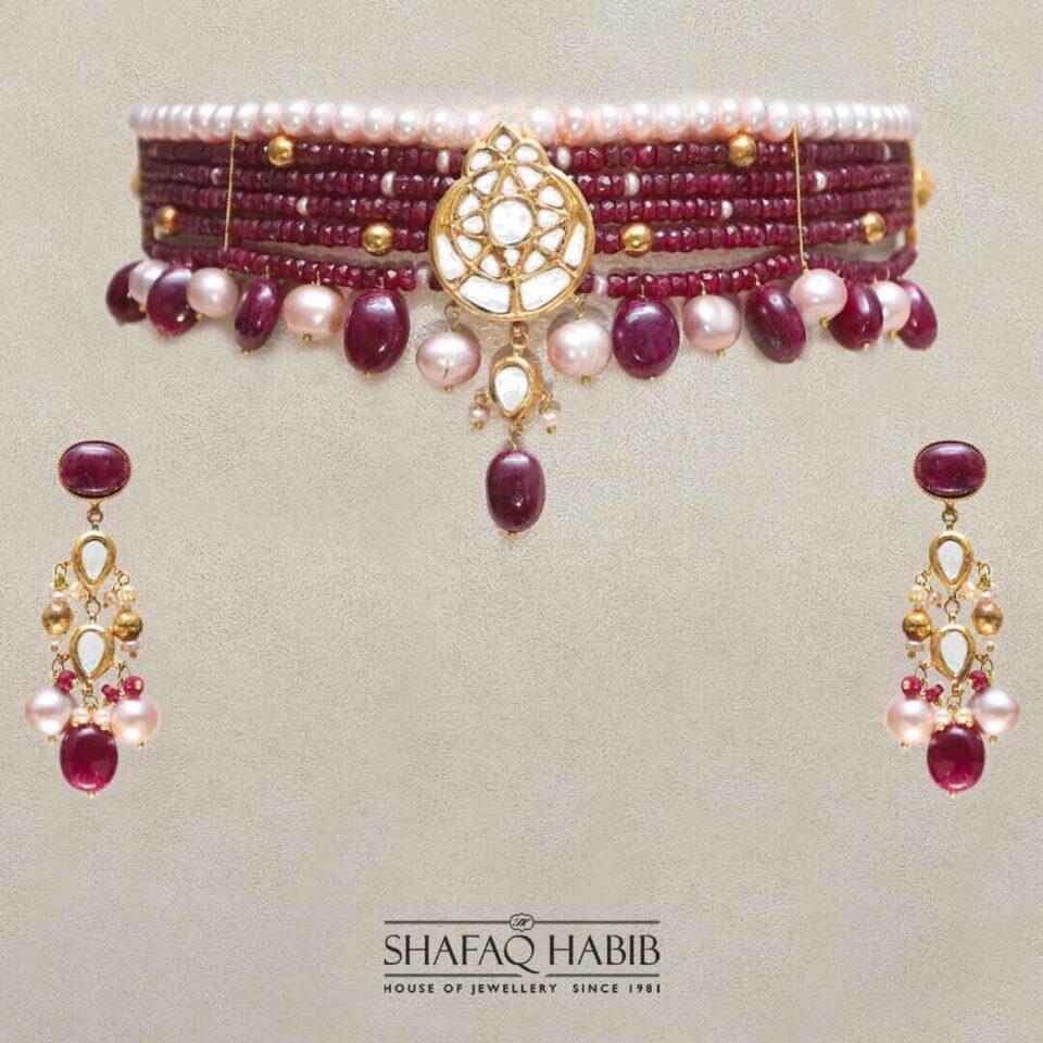 Bridal jewelry set in Gold with pink ruby stone and pearls by shafaq habib at the best online prices in pakistan