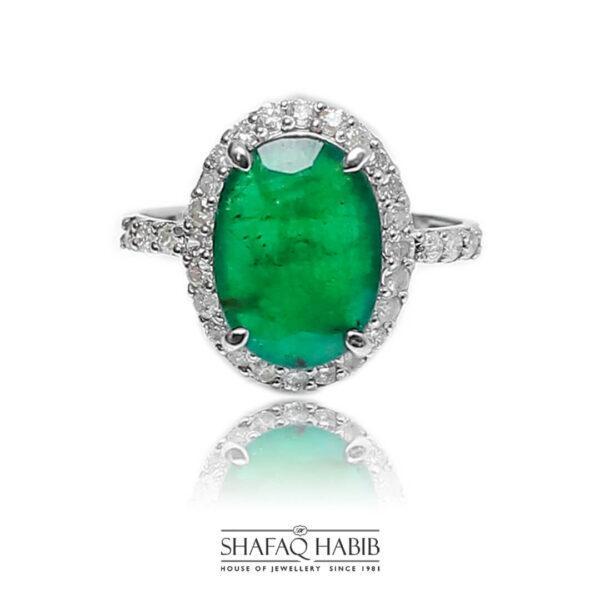 Diamond Ring with emeralds in white gold by shafaq habib at the best online prices in Pakistan