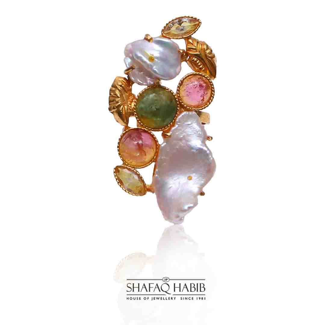 designer gold ring with pearl & tourmaline by shafaq habib