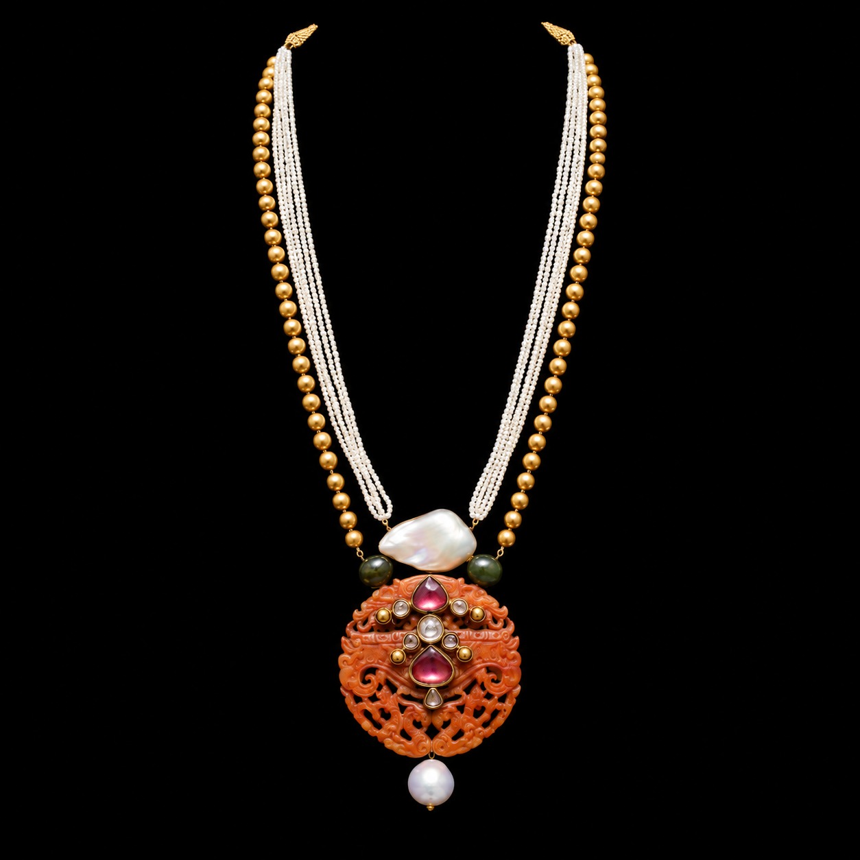 Brown-Jade-Polki-Diamonds-Tourmaline-Pearls-Large-Pendant-Necklace-In-22K-Gold