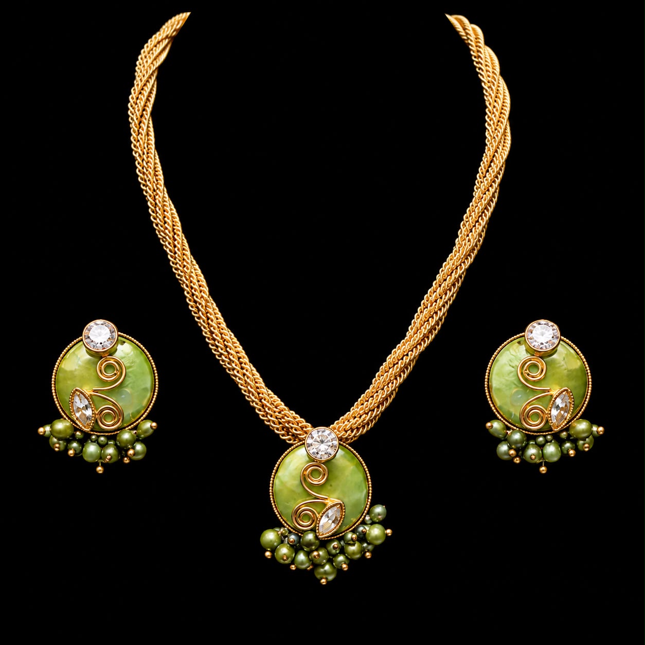 Green Stone With Zircon Cluster Pendant Set In 22 Kt Gold