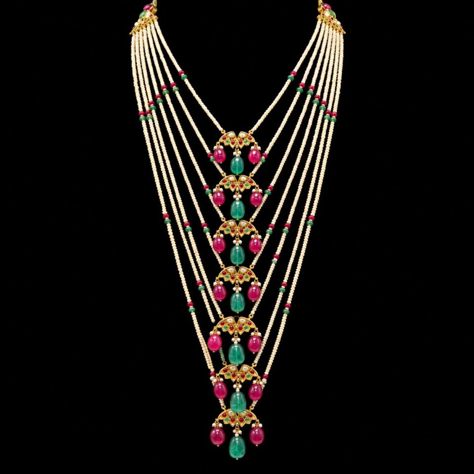 Rani Haar Multicolored with Emerald, Ruby, Pearls in 22K Gold by Shafaq Habib – handcrafted bridal necklace with regal gemstone detailing.