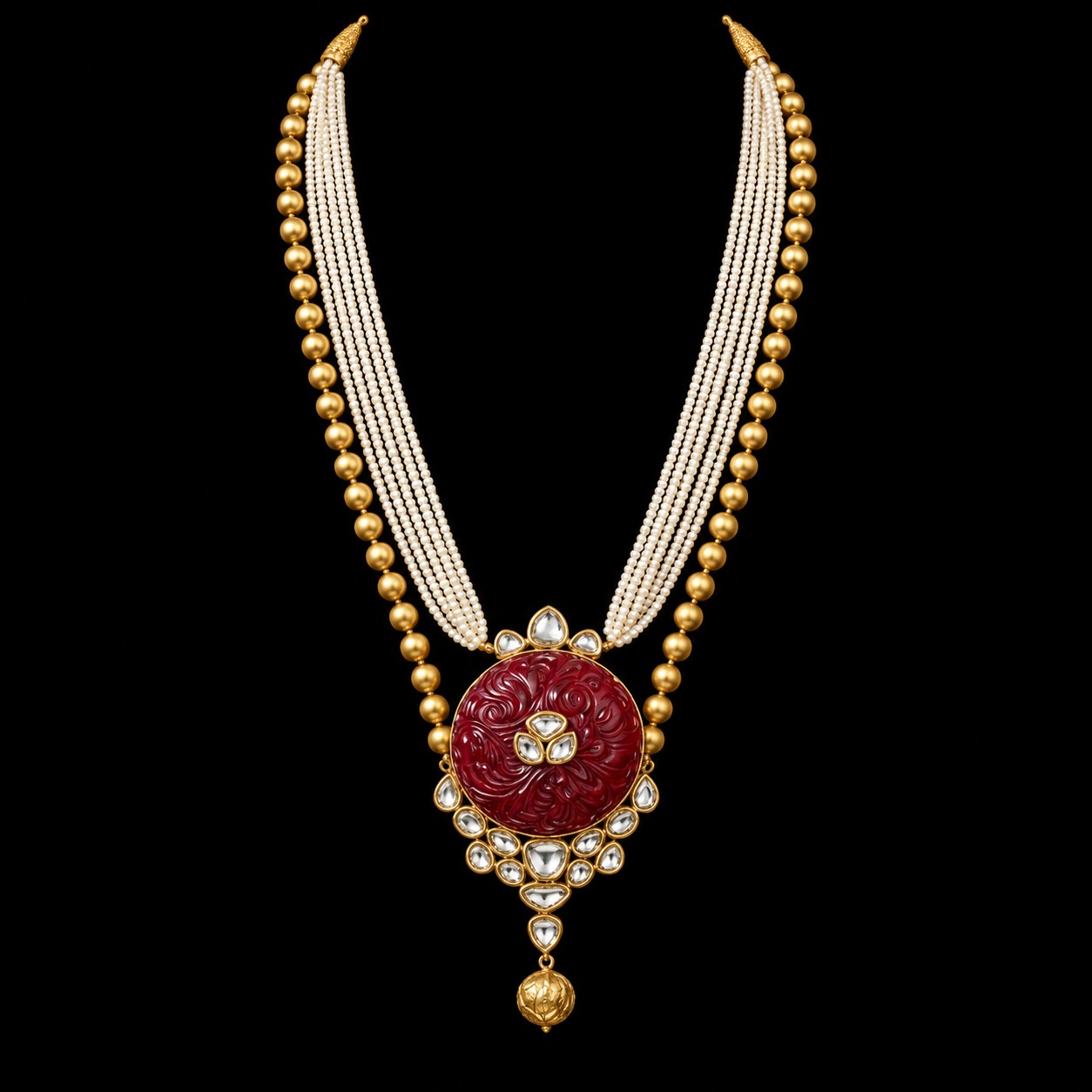 Red-Carved-Jade-Long-Necklace-With-Polki-Diamonds-in-22K-Gold
