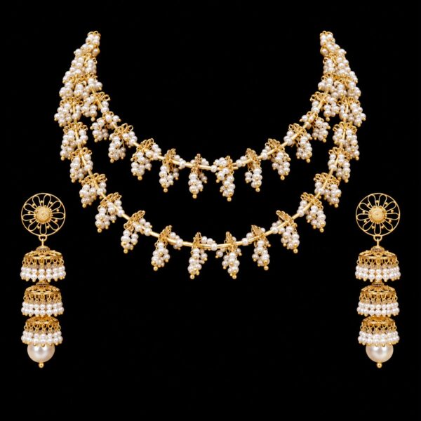 Moulsari Set-S4725 two-layered bridal necklace handcrafted in 22K gold for timeless wedding elegance.