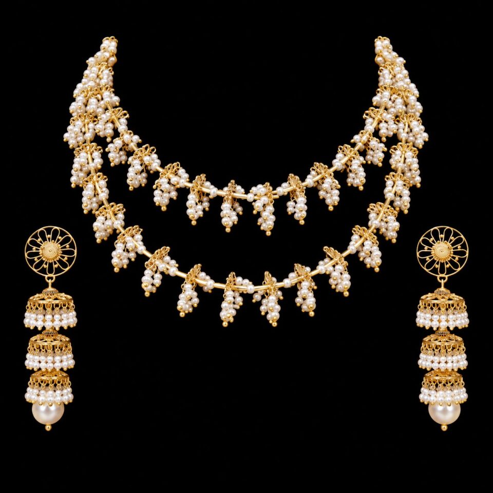 Moulsari Set-S4725 two-layered bridal necklace handcrafted in 22K gold for timeless wedding elegance.