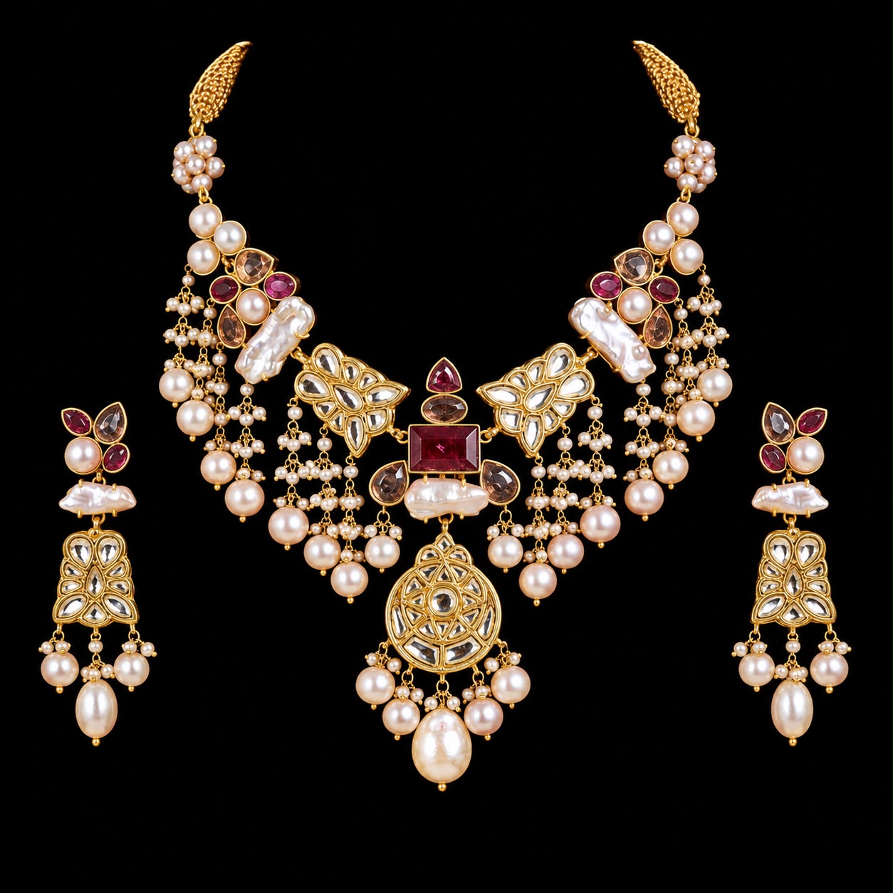 Pink Pearls Tourmaline Set With Kundan in 22K Gold
